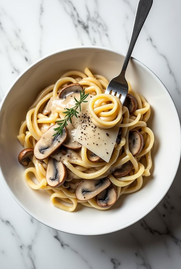 Creamy Mushroom Alfredo Udon Bowl featuring thick udon noodles in rich mushroom sauce garnished with parmesan.