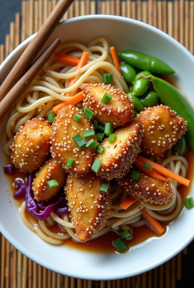 Crispy sesame chicken served over glass noodles with edamame and fresh vegetables in a comforting bowl meal.