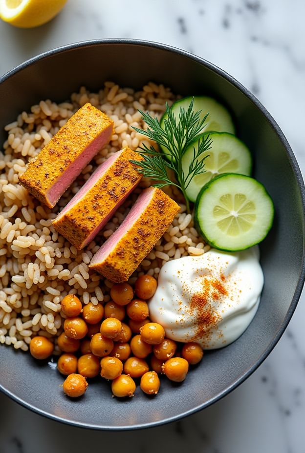 Curry Spiced Tuna Protein Bowl featuring pan-seared tuna, brown rice, roasted chickpeas, and refreshing cucumber raita.