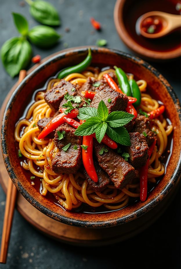 Drunken Noodle Beef Bowl with beef, bell peppers, and holy basil for a delicious Thai meal.