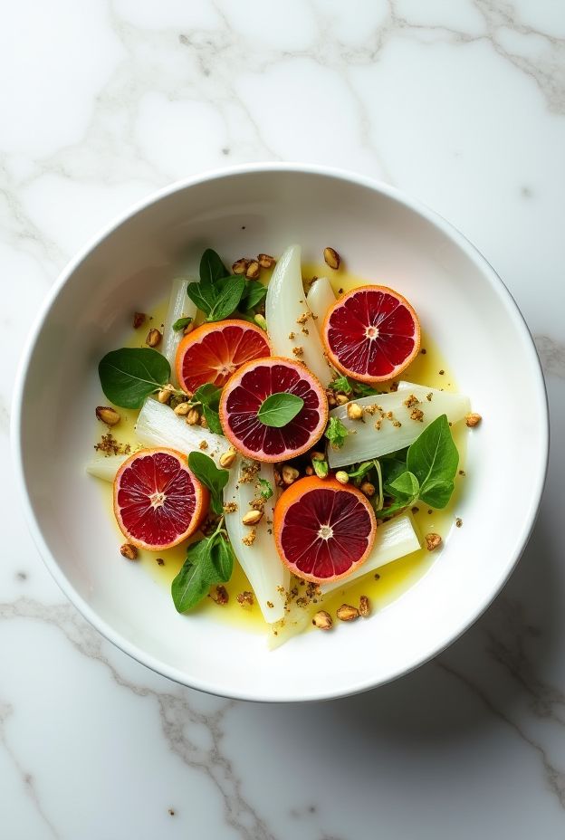 Fennel and blood orange salad bowl with arugula and pistachios, drizzled with champagne vinaigrette.