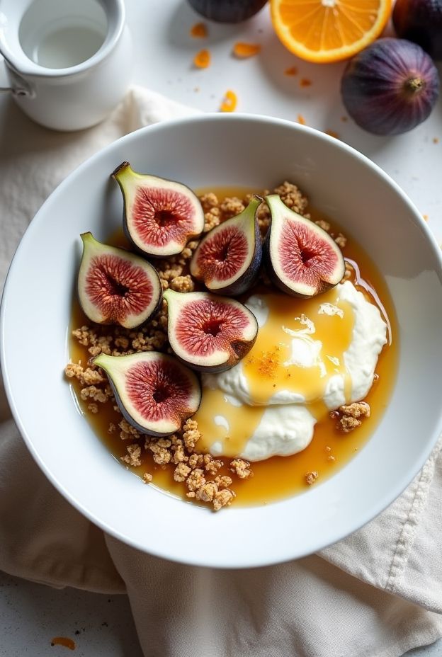 A delicious Fig & Honey Ricotta Breakfast Bowl topped with fresh figs, honey drizzle, granola, and orange zest.