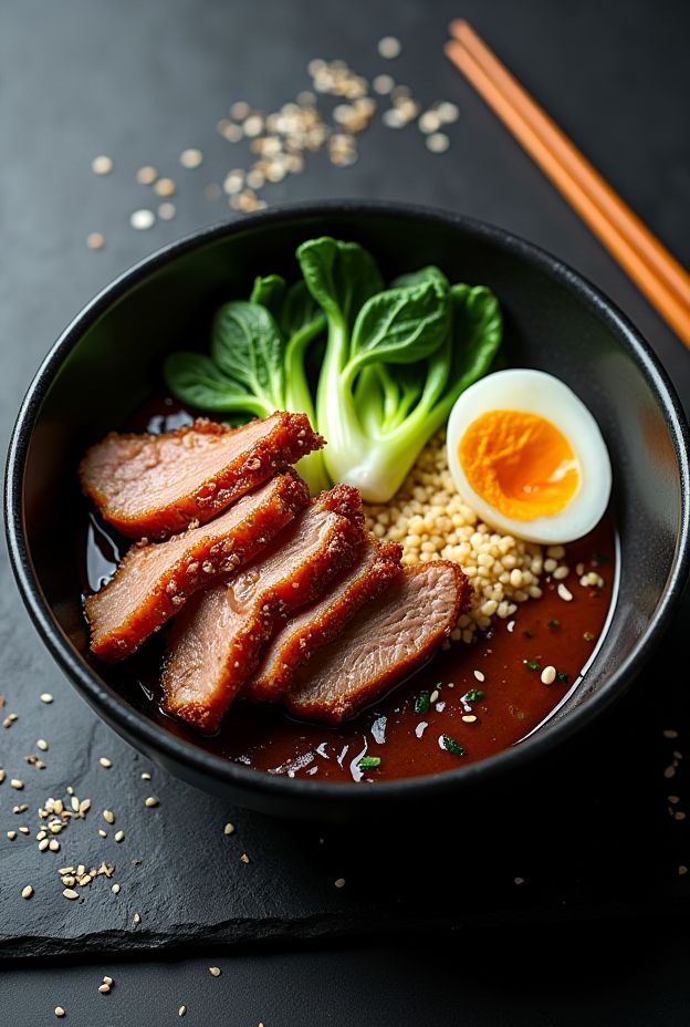 A delicious Ginger Soy Duck Protein Bowl with crispy duck breast, quinoa, and bok choy, drizzled with scallion ginger sauce.