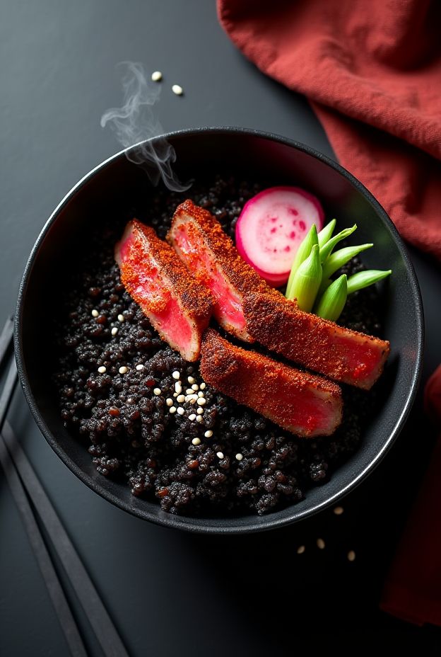Gochugaru Steak & Black Rice Bowl with pickled radish and sesame seeds, highlighting spicy Korean flavors.