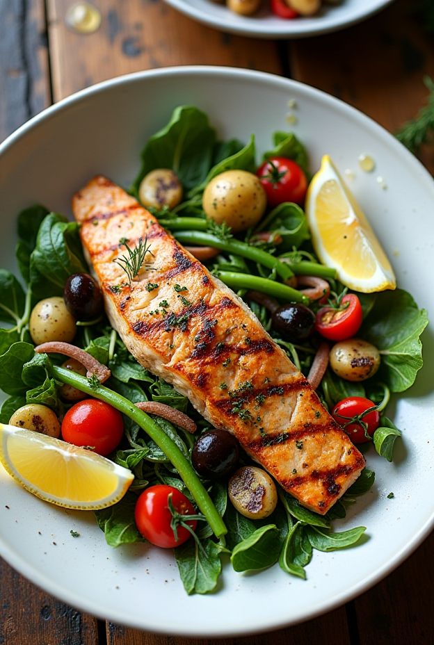 Grilled Swordfish Niçoise Salad Bowl with mixed greens, roasted potatoes, green beans, olives, and anchovy dressing.