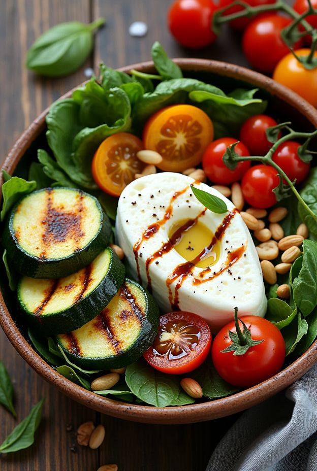 Grilled Zucchini & Burrata Salad Bowl with cherry tomatoes and pine nuts, drizzled with balsamic reduction.