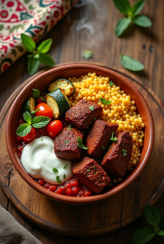 Harissa Lamb & Pearl Couscous Bowl with roasted vegetables and mint yogurt sauce.