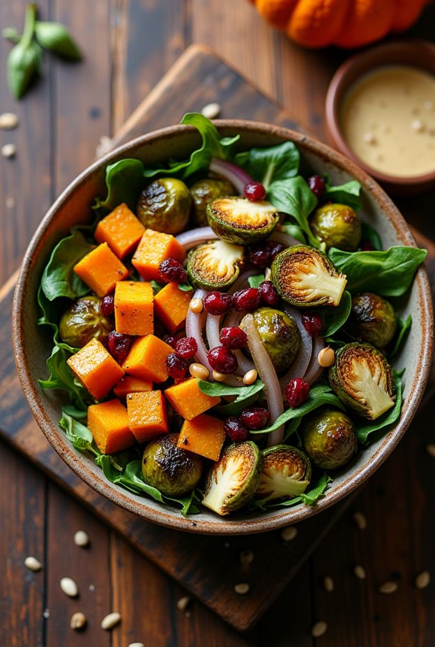 Harvest Roasted Vegetable Salad Bowl featuring butternut squash, Brussels sprouts, arugula, cranberries, and maple tahini dressing.