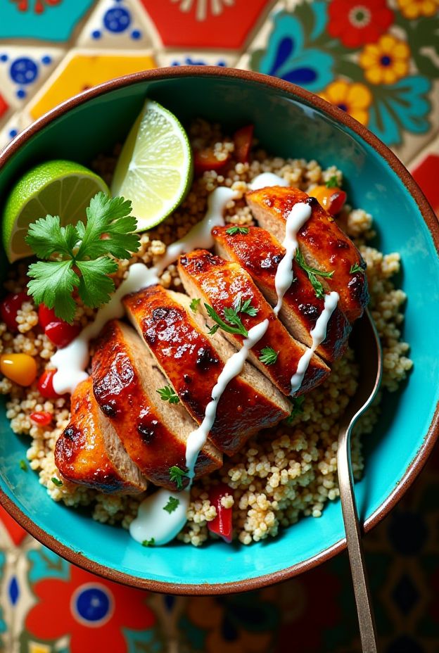Colorful Honey Chipotle Turkey & Quinoa Bowl with lime and cilantro garnishes.