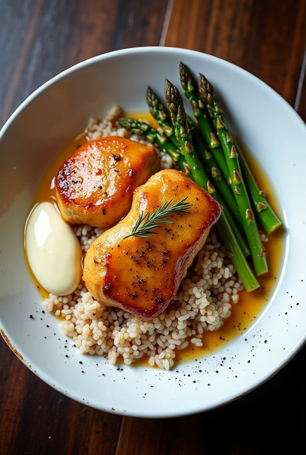 Honey Mustard Pork Protein Bowl featuring glazed pork medallions, wild rice, Dijon cream, and roasted asparagus.