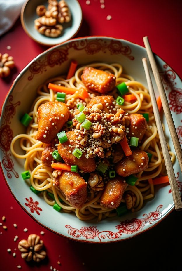 Hearty Honey Walnut Chicken Lo Mein Bowl with crispy chicken, lo mein noodles, and fresh vegetables.