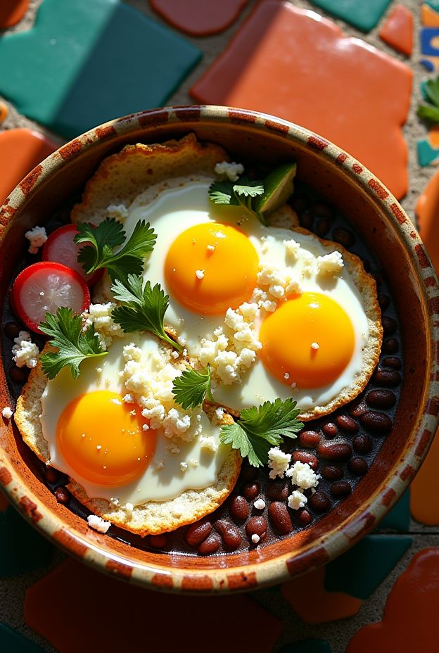 Huevos Rancheros Breakfast Bowl with fried eggs, black beans, salsa verde, and cotija cheese for a nutritious start.