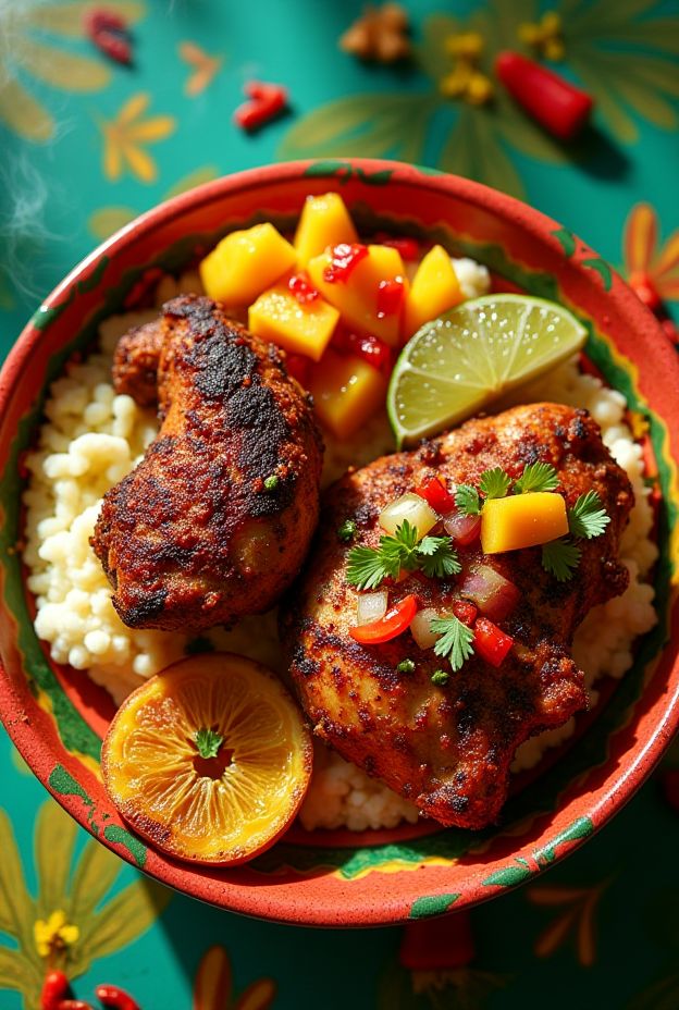 Colorful Jerk Chicken Protein Bowl featuring chicken, cauliflower mash, plantains, and mango salsa.