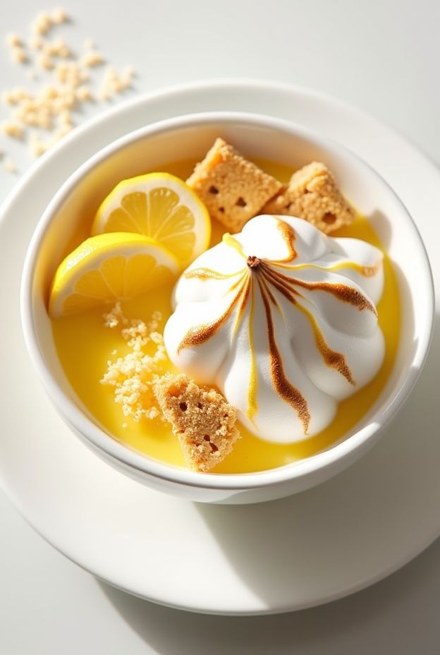 Colorful lemon meringue smoothie bowl with torched meringue topping, lemon curd swirl, and shortbread crumbs.