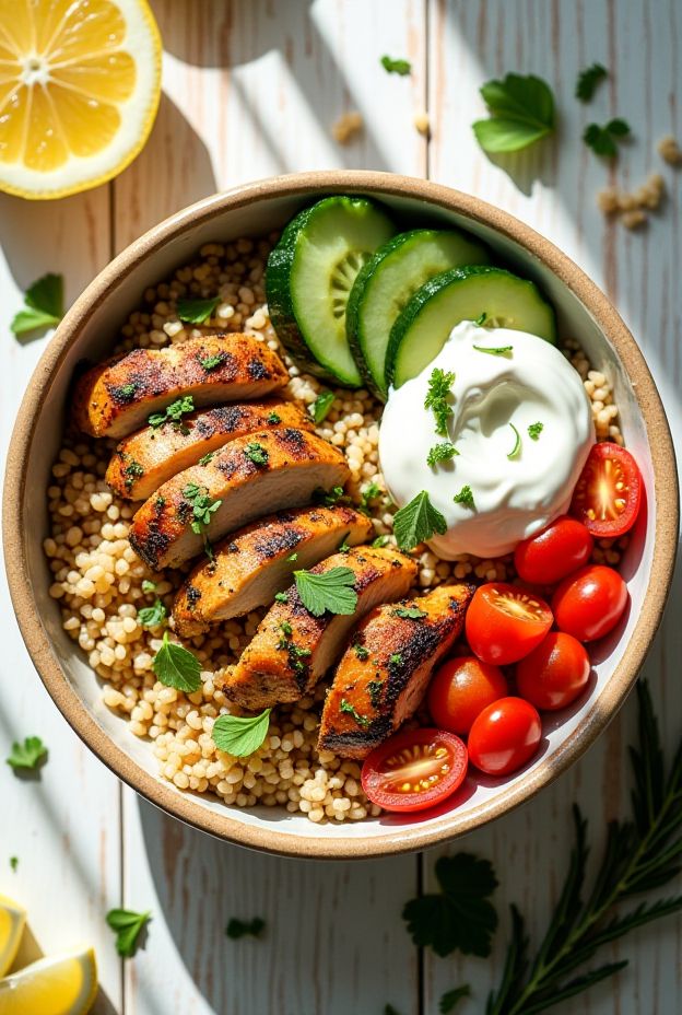 Lemon Oregano Chicken & Bulgur Bowl with fresh vegetables and tzatziki for a nutritious meal.