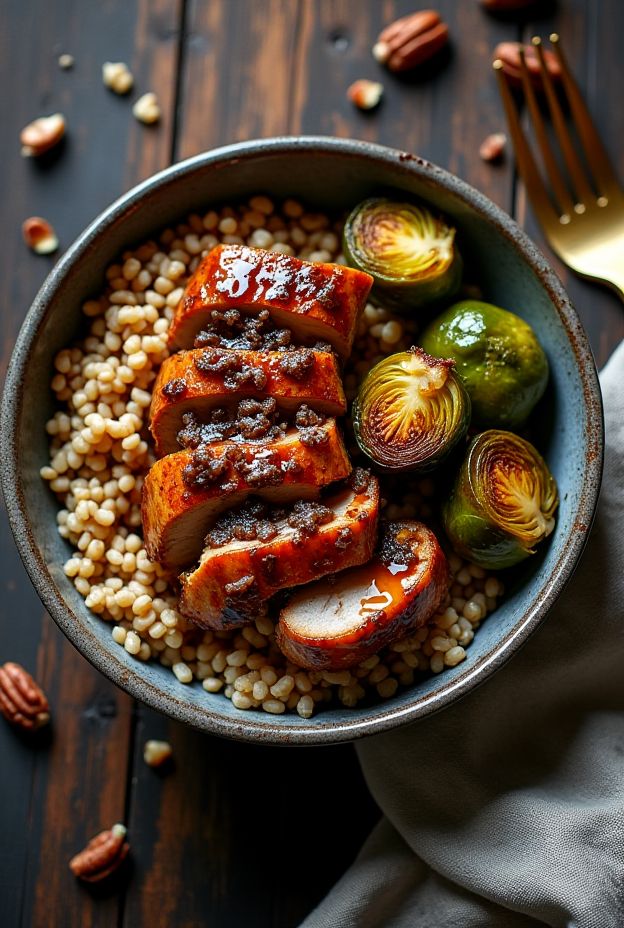 Maple Balsamic Pork & Farro Bowl featuring caramelized pork, roasted Brussels sprouts, and pecans.