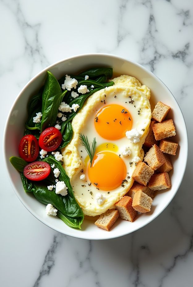 Mediterranean Egg White Scramble Bowl with spinach, feta, and whole grain toast cubes for a nutritious meal.