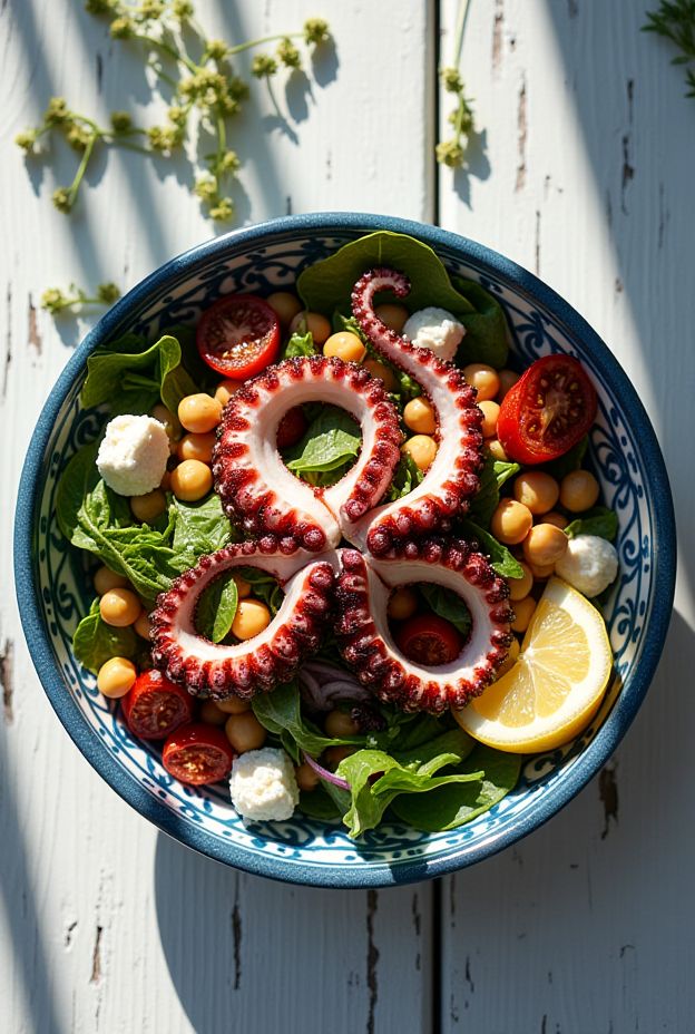 Mediterranean Octopus Salad Bowl with grilled octopus, greens, chickpeas, and sun-dried tomatoes, dressed in lemon herb sauce.