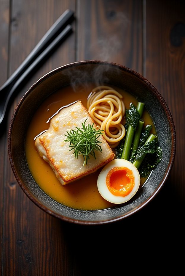 Miso Butter Cod Ramen Bowl with silky cod in broth, ramen noodles, soft egg, and fresh herbs.