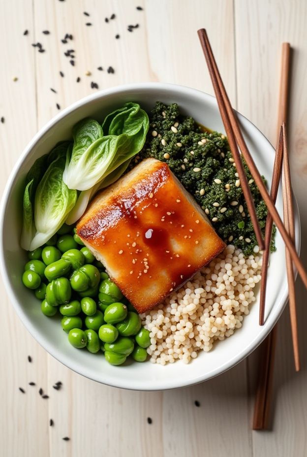 Miso glazed cod protein bowl with edamame rice, bok choy, and sesame seeds, a healthy nutritious meal.