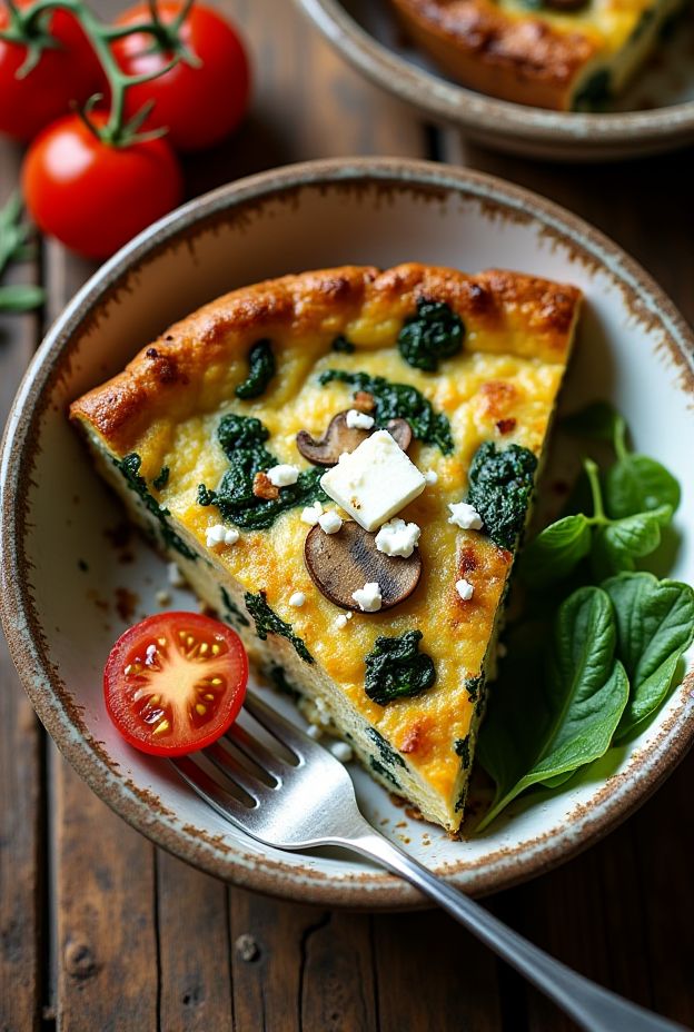 Mushroom Spinach Frittata Bowl featuring baked egg with fresh spinach, mushrooms, and goat cheese served with herb salad.