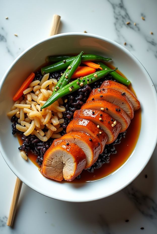 Orange Ginger Duck & Wild Rice Bowl featuring tender duck breast and vibrant vegetables.