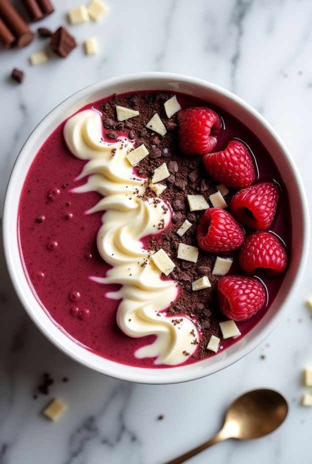 Delicious Creamy Red Velvet Smoothie Bowl topped with cream cheese drizzle and cocoa nibs, a healthy treat.