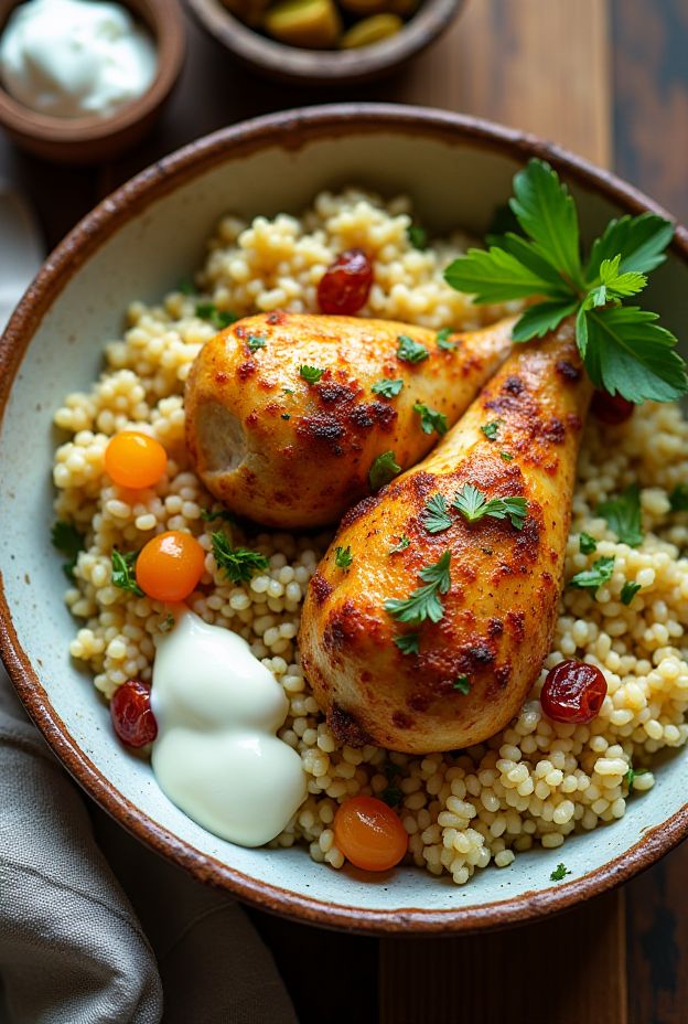 Saffron Chicken & Pistachio Couscous Bowl with flavors of Middle Eastern cuisine.