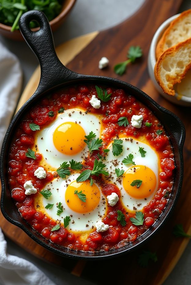 Shakshuka Breakfast Bowl with baked eggs in tomato sauce over creamy polenta and feta cheese garnished with herbs.