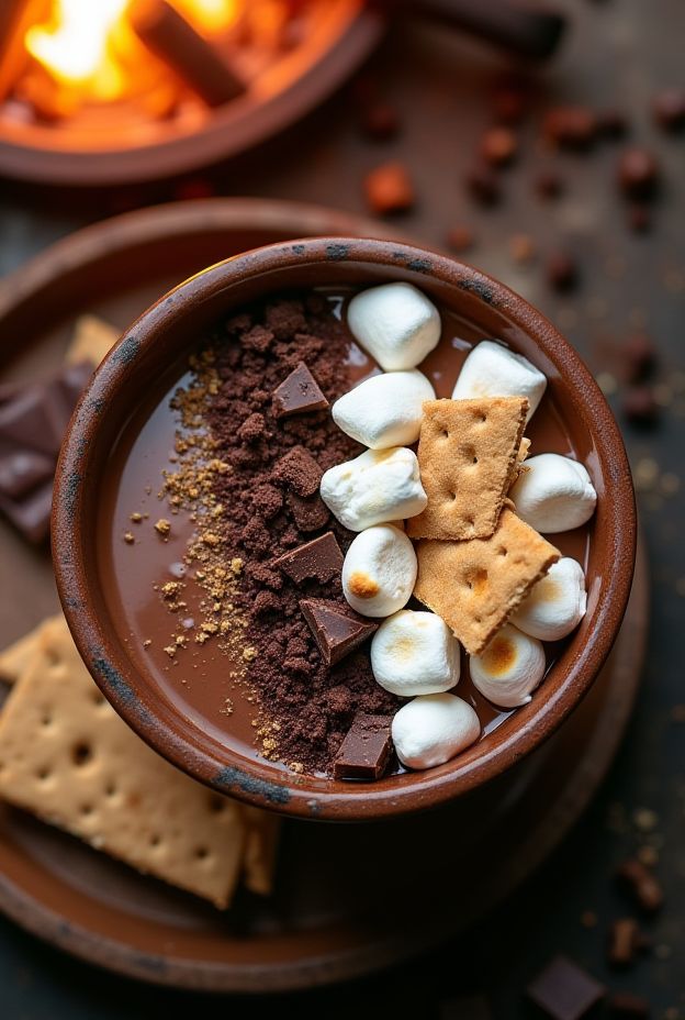 S'mores Smoothie Bowl with chocolate base, marshmallows, graham crackers, and chocolate chunks, perfect for a sweet treat.