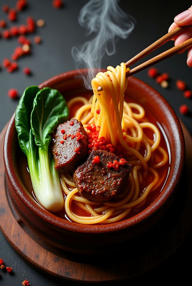 Numbing Szechuan lamb noodle bowl garnished with bok choy and chili oil, showcasing vibrant colors and textures.