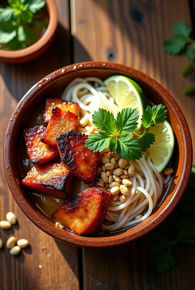 Tamarind Duck Rice Noodle Bowl with sweet tamarind glaze, rice noodles, bean sprouts, peanuts, and fresh herbs.