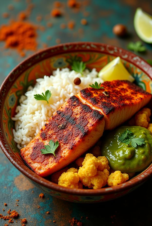Tandoori Salmon Protein Bowl filled with yogurt-marinated salmon, roasted cauliflower, basmati rice, and mint chutney.