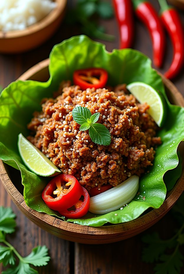 Thai Beef Larb Salad Bowl packed with spicy minced beef, fresh herbs, lime, and crispy lettuce cups.