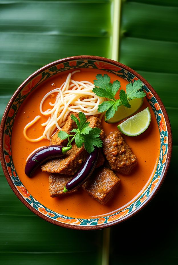 A vibrant bowl of Spicy Thai Red Curry Beef Vermicelli with eggplant and lime on a green background.