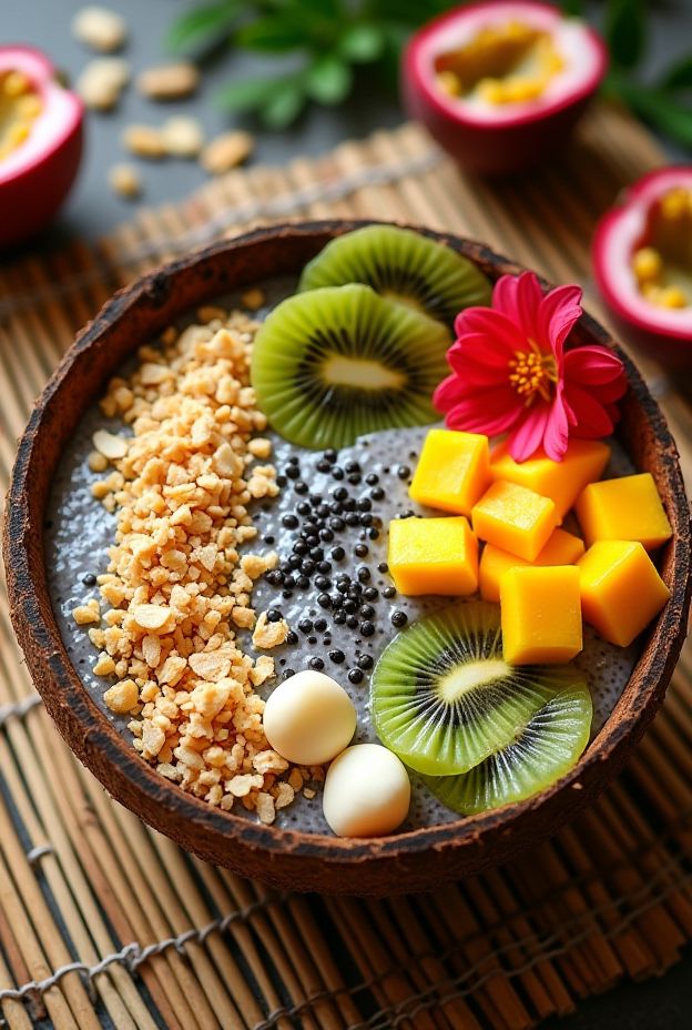 Tropical Passionfruit Chia Bowl with chia pudding, kiwi, mango, coconut flakes, and macadamia nuts topped with fresh passionfruit.