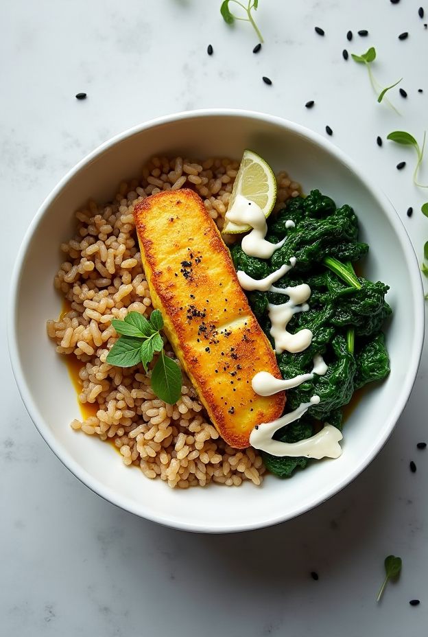 Turmeric Cod Bowl with brown basmati rice, sautéed spinach, and cashew cream for healthy eating.