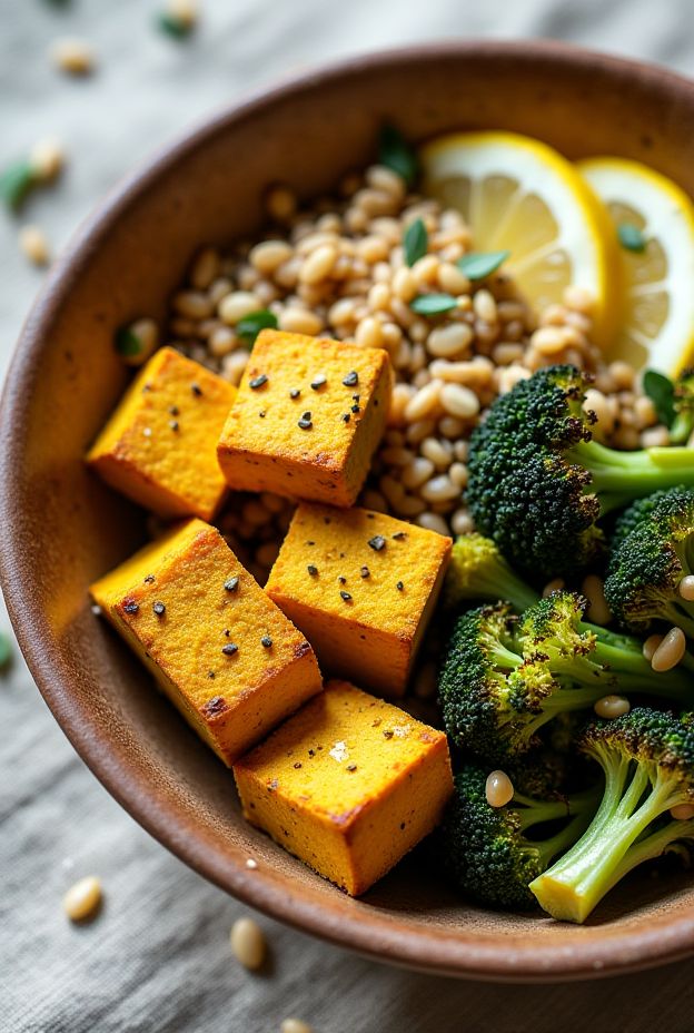 Vibrant turmeric tofu protein bowl with roasted broccoli and freekeh, drizzled with tahini lemon dressing.