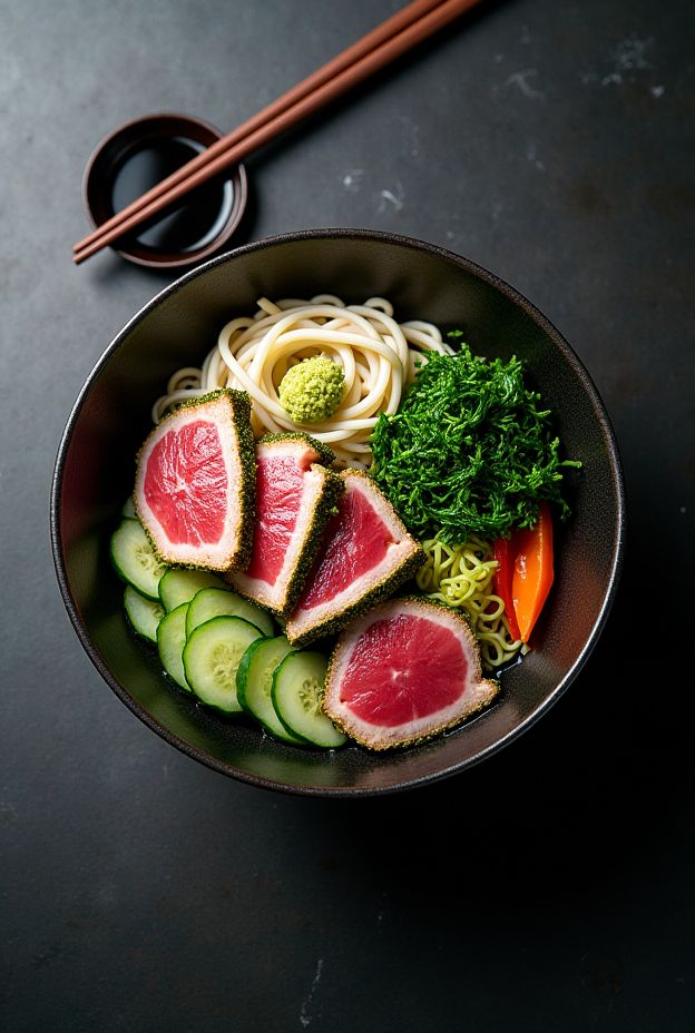 A vibrant bowl meal featuring wasabi crusted tuna, soba noodles, cucumber, and seaweed salad.