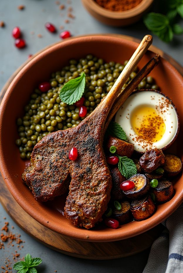 Za'atar Lamb Protein Bowl featuring herb-crusted lamb chops, lentils, roasted eggplant, and tahini drizzle for a nutritious meal.