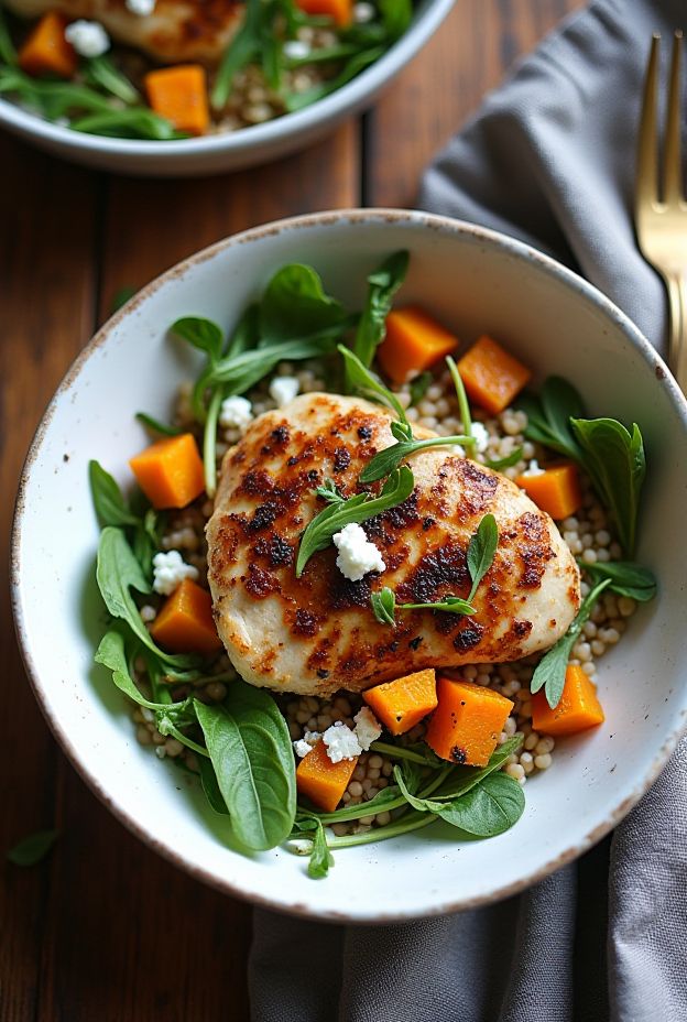 Balsamic Chicken & Farro Bowl with butternut squash, arugula, and goat cheese for a nutritious meal.