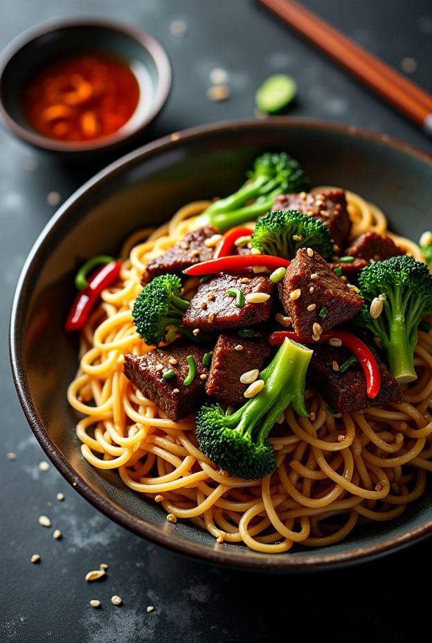 A delicious Black Pepper Beef Flat Noodle Bowl featuring beef, broccoli, and noodles in a savory sauce, ideal for a satisfying meal.