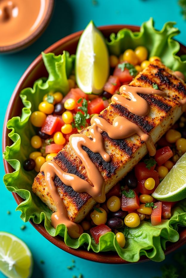 A colorful Blackened Tilapia Taco Salad Bowl with fresh ingredients and chipotle ranch dressing.