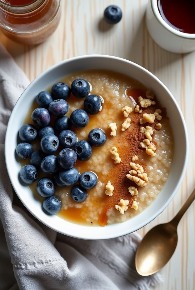 Nutritious Blueberry Walnut Quinoa Bowl with fresh blueberries, walnuts, cinnamon, and maple syrup for a healthy breakfast.