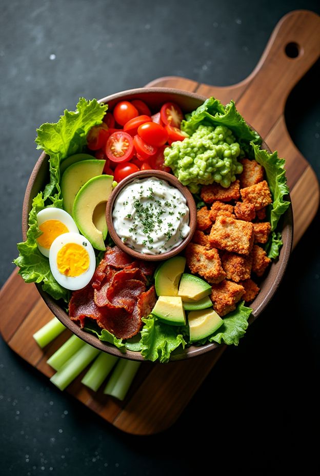 Buffalo Turkey Cobb Bowl with turkey, bacon, avocado, and blue cheese dressing served in a wooden bowl.