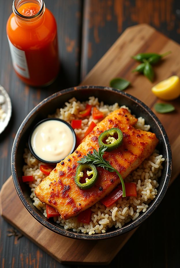 Cajun Catfish Protein Bowl featuring seasoned catfish on brown rice with roasted okra, bell peppers, and remoulade sauce.