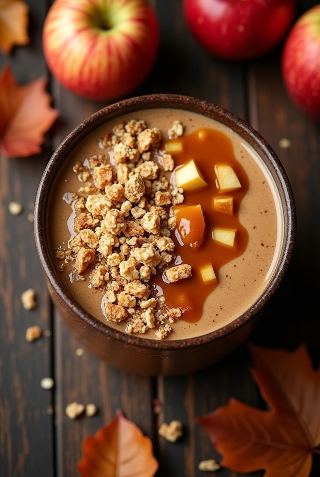 Caramel Apple Crumble Bowl with smooth apple base, granola topping, diced apples, and caramel drizzle.