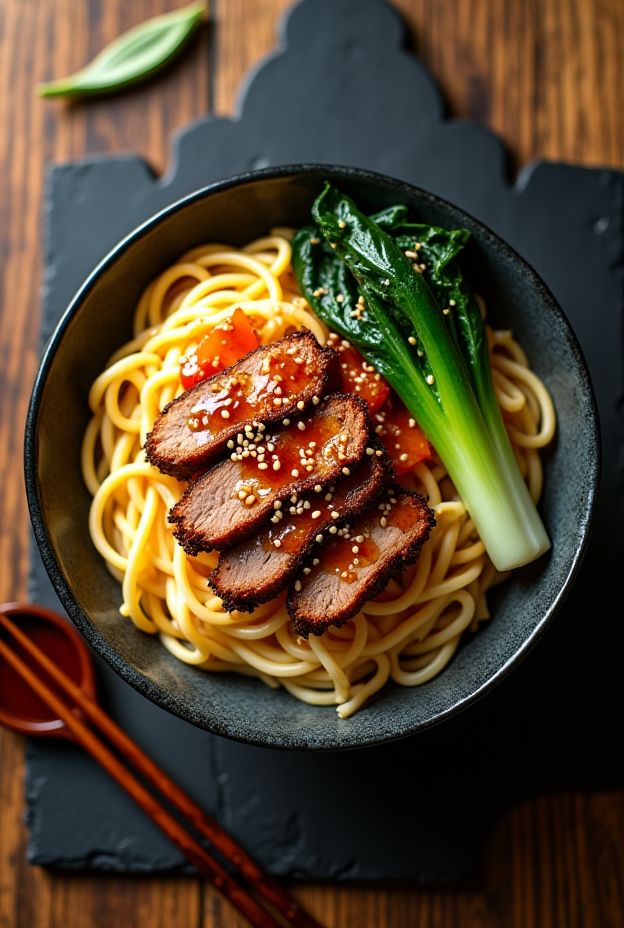 A delicious bowl of Chili Oil Duck Egg Noodles with bok choy and sesame seeds, perfect for flavor seekers.