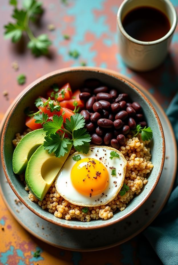 Chipotle black bean and egg protein bowl with quinoa, avocado, and salsa, offering a nutritious meal option.