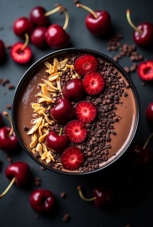 Chocolate Cherry Smoothie Bowl topped with cherries, almond butter, and cacao nibs for a nutritious meal.
